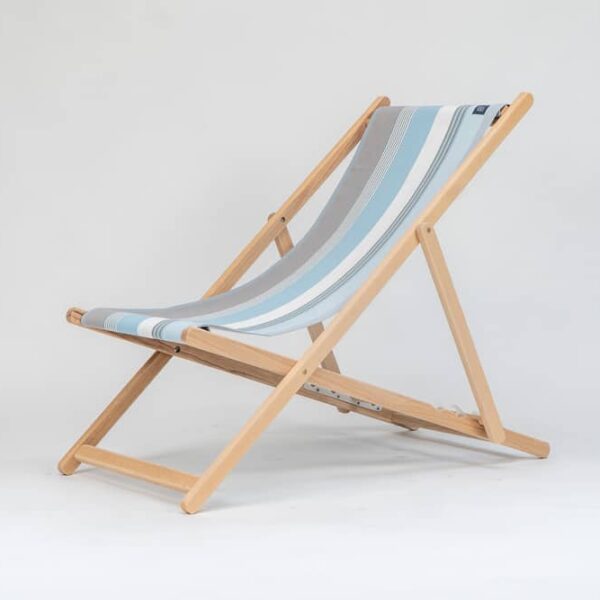 Beechwood Deckchair with Belle-ile-en-Mer fabric, blue, grey and white stripes, viewed at an angle - created by Decks and Stipes Ireland