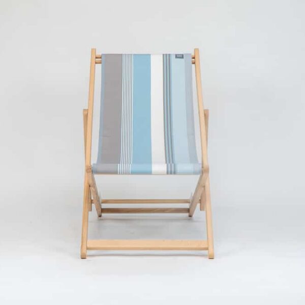 Beechwood Deckchair with Belle-ile-en-Mer fabric, blue, grey and white stripes, viewed from the front - created by Decks and Stipes Ireland