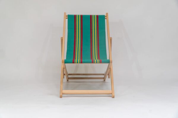 Beechwood Deckchair with Birdwatching Fabric - red, yellow, jade, black and blue stripes, viewed from the front - created by Decks and Stipes Ireland