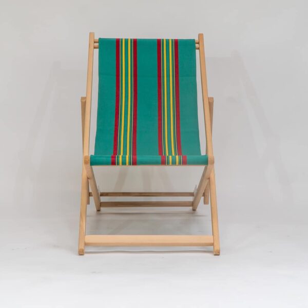 Beechwood Deckchair with Birdwatching Fabric - red, yellow, jade, black and blue stripes, viewed from the front - created by Decks and Stipes Ireland