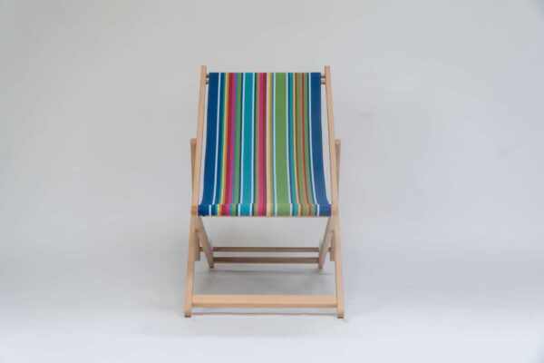 Beechwood Deckchair with Climbing Fabric - blue, green, yellow, red and pink stripes, viewed from the front - created by Decks and Stipes Ireland