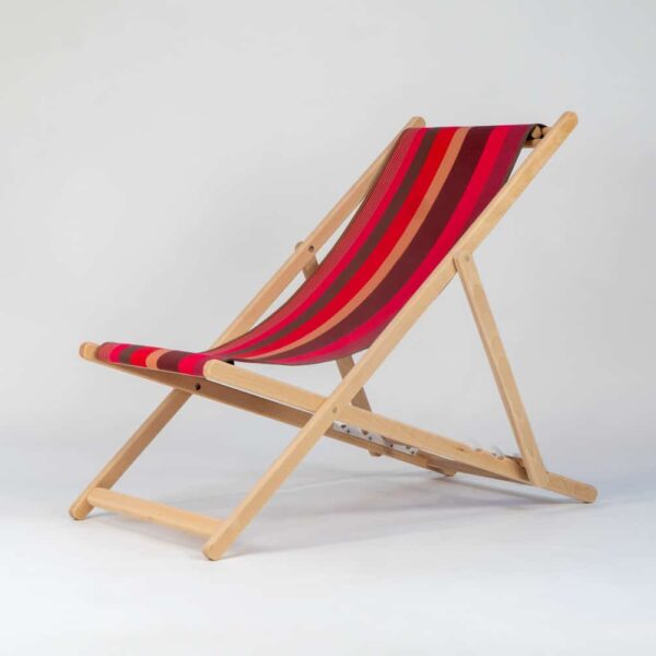 Beechwood Deckchair with Cordoba fabric red, brown, black and grey stripes, viewed from an angle - created by Decks and Stipes Ireland