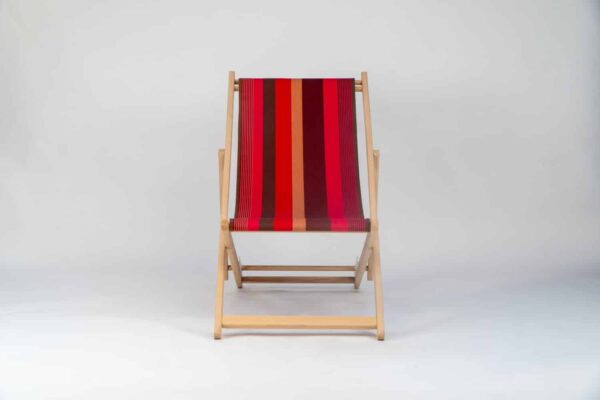 Beechwood Deckchair with Cordoba fabric red, brown, black and grey stripes, viewed from the front - created by Decks and Stipes Ireland