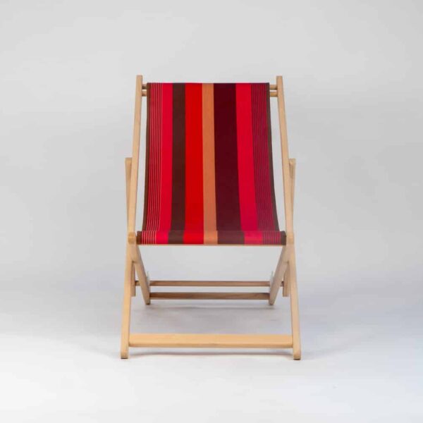 Beechwood Deckchair with Cordoba fabric red, brown, black and grey stripes, viewed from the front - created by Decks and Stipes Ireland