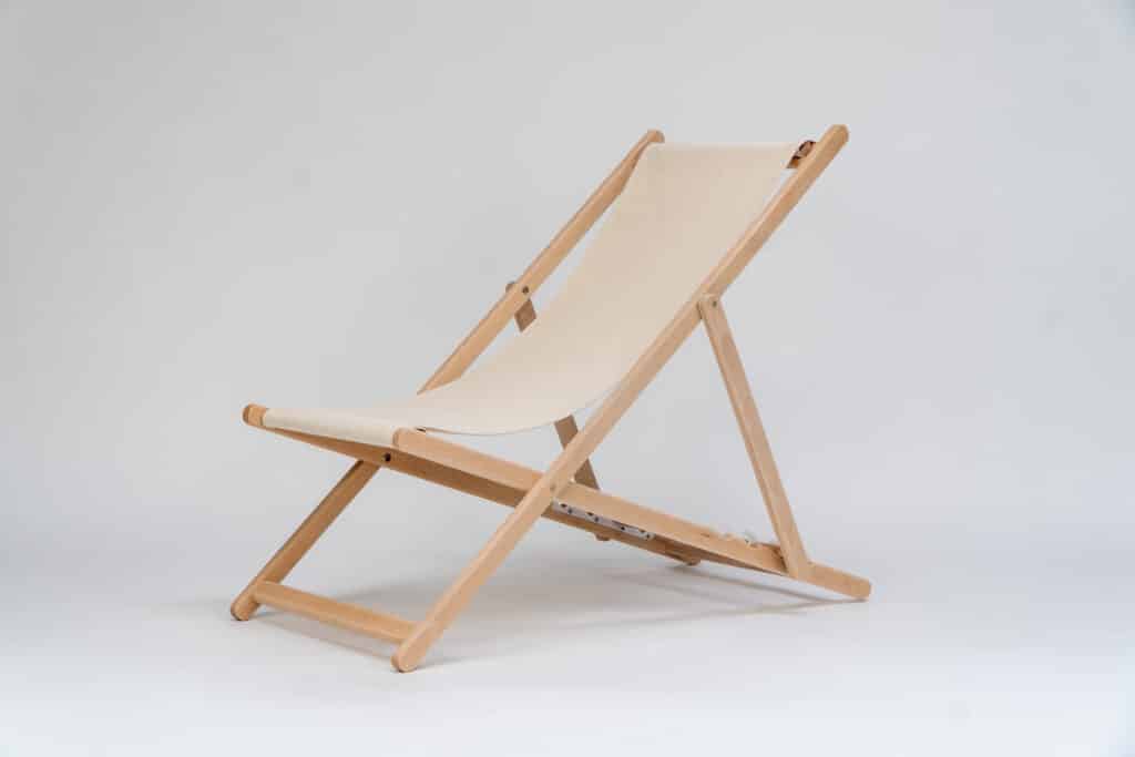 Beechwood Deckchair with Cream Fabric viewed at an angle - created by Decks and Stipes Ireland