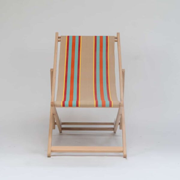 Beechwood Deckchair with Dice Fabric, fawn, terracotta, turquoise, red, and yellow stripes viewed from the front - created by Decks and Stipes Ireland