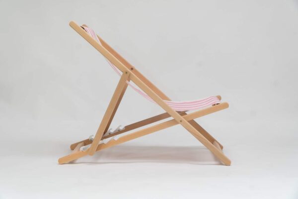 Beechwood Deckchair with Discus Fabric, pink and ivory and stripes, viewed from the side - created by Decks and Stipes Ireland