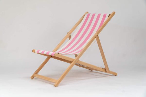 Beechwood Deckchair with Discus Fabric, pink and ivory stripes, viewed at an angle - created by Decks and Stipes Ireland