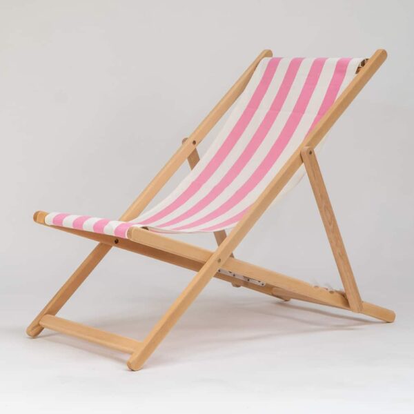 Beechwood Deckchair with Discus Fabric, pink and ivory stripes, viewed at an angle - created by Decks and Stipes Ireland