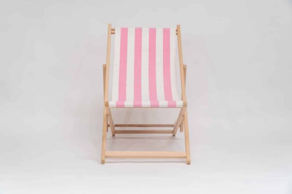 Beechwood Deckchair with Discus Fabric, pink and ivory stripes, viewed from the front - created by Decks and Stipes Ireland