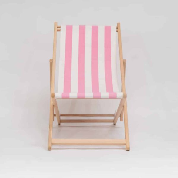 Beechwood Deckchair with Discus Fabric, pink and ivory stripes, viewed from the front - created by Decks and Stipes Ireland