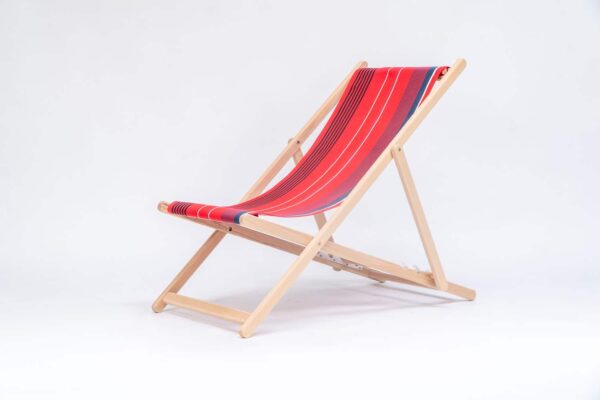 Beechwood Deckchair with Garance fabric, red, white, grey, black stripes, viewed from an angle - created by Decks and Stipes Ireland