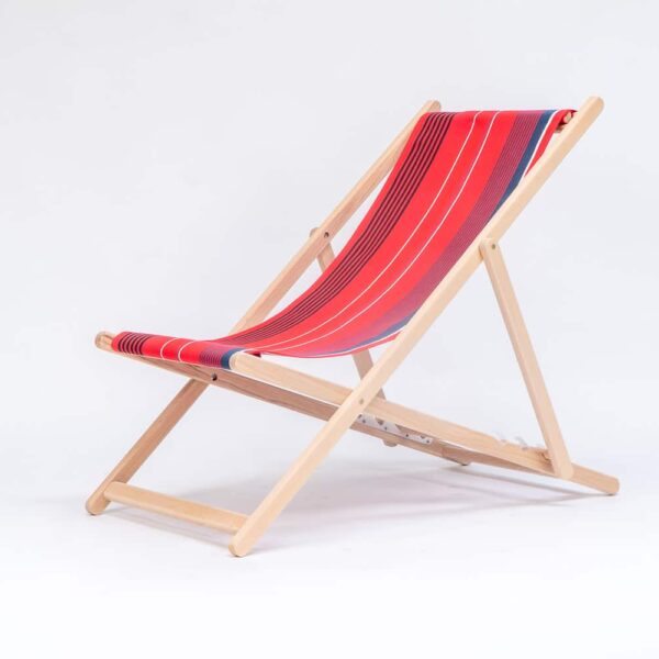 Beechwood Deckchair with Garance fabric, red, white, grey, black stripes, viewed from an angle - created by Decks and Stipes Ireland