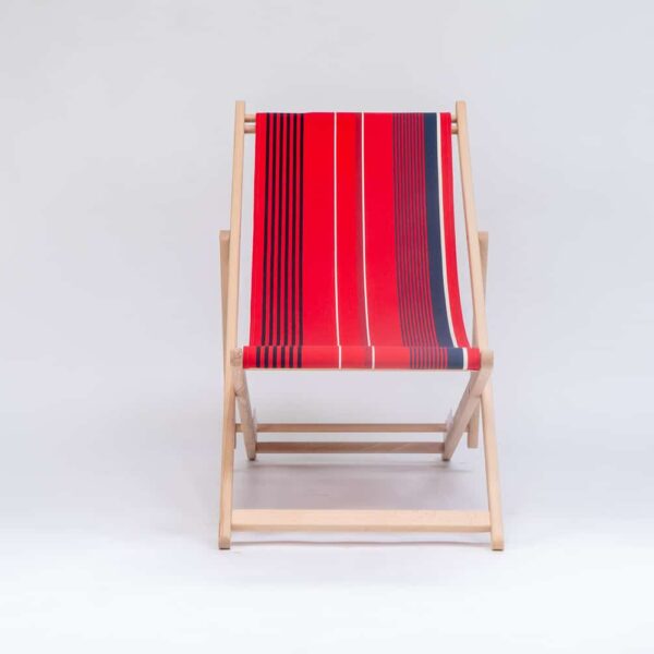 Beechwood Deckchair with Garance fabric, red, white, grey, black stripes, viewed from the front - created by Decks and Stipes Ireland