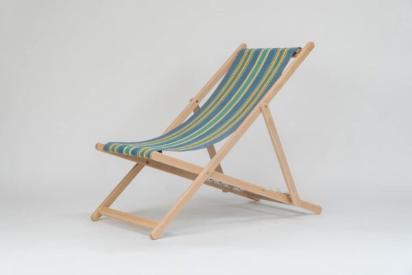 Beechwood Deckchair with Hula Hoop Fabric, blue, green, red and orange stripes, viewed from the front - created by Decks and Stipes Ireland