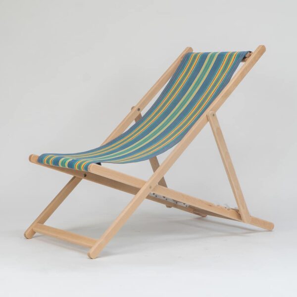 Beechwood Deckchair with Hula Hoop Fabric, blue, green, red and orange stripes, viewed from the front - created by Decks and Stipes Ireland