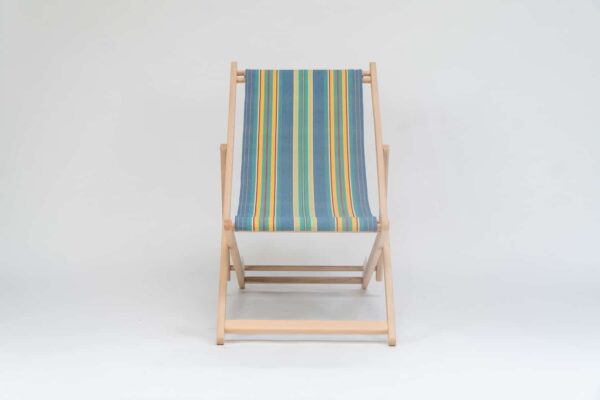 Beechwood Deckchair with Hula Hoop Fabric, blue, green, red and orange stripes, viewed from the front - created by Decks and Stipes Ireland