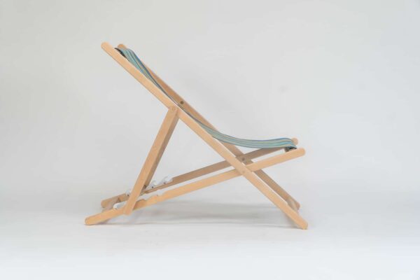 Beechwood Deckchair with Hula Hoop Fabric, blue, green, red and orange stripes, viewed from the side - created by Decks and Stipes Ireland