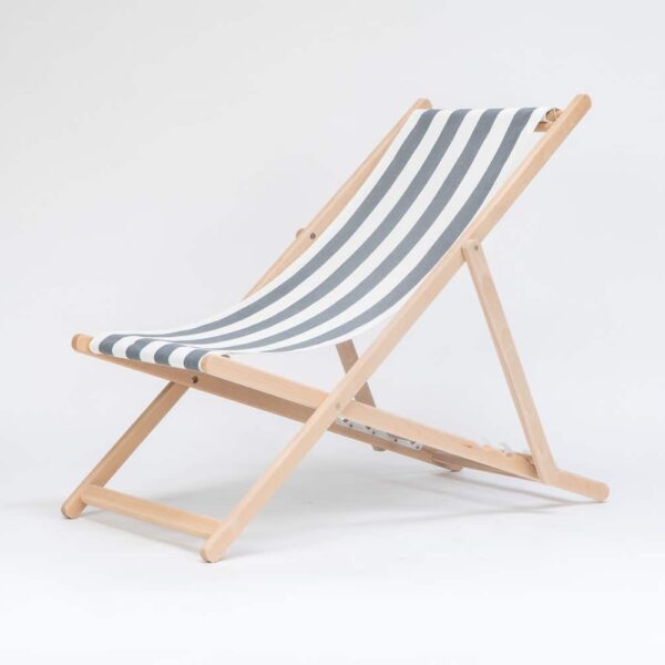 Beechwood Deckchair with Hurling fabric, charcoal and white stripes, viewed from an angle - created by Decks and Stipes Ireland