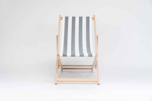 Beechwood Deckchair with Hurling fabric, charcoal and white stripes, viewed from the front - created by Decks and Stipes Ireland