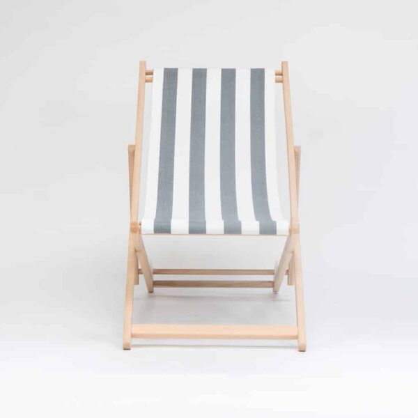 Beechwood Deckchair with Hurling fabric, charcoal and white stripes, viewed from the front - created by Decks and Stipes Ireland