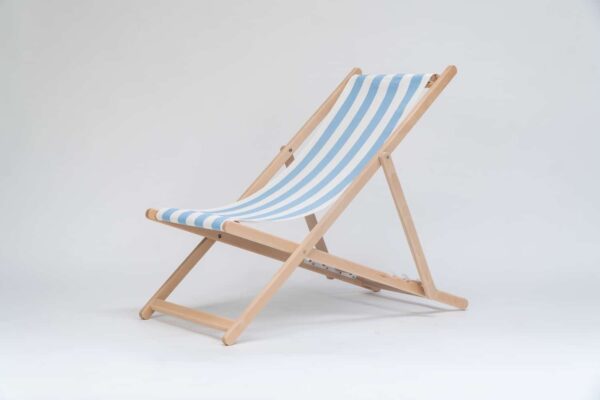 Beechwood Deckchair with Ice Dancing fabric, sky blue and white stripes, viewed from an angle - created by Decks and Stipes Ireland