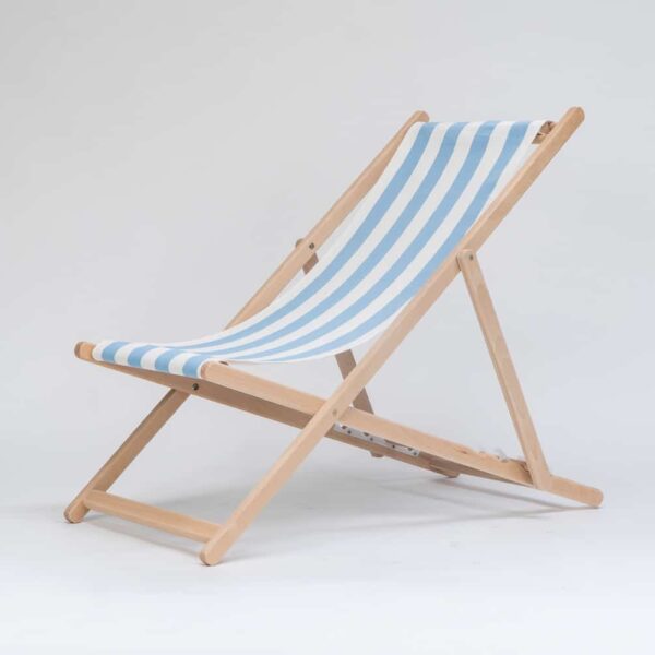 Beechwood Deckchair with Ice Dancing fabric, sky blue and white stripes, viewed from an angle - created by Decks and Stipes Ireland