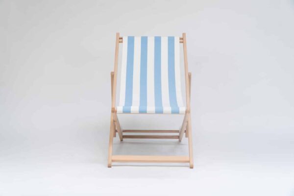 Beechwood Deckchair with Ice Dancing fabric, sky blue and white stripes, viewed from the front - created by Decks and Stipes Ireland