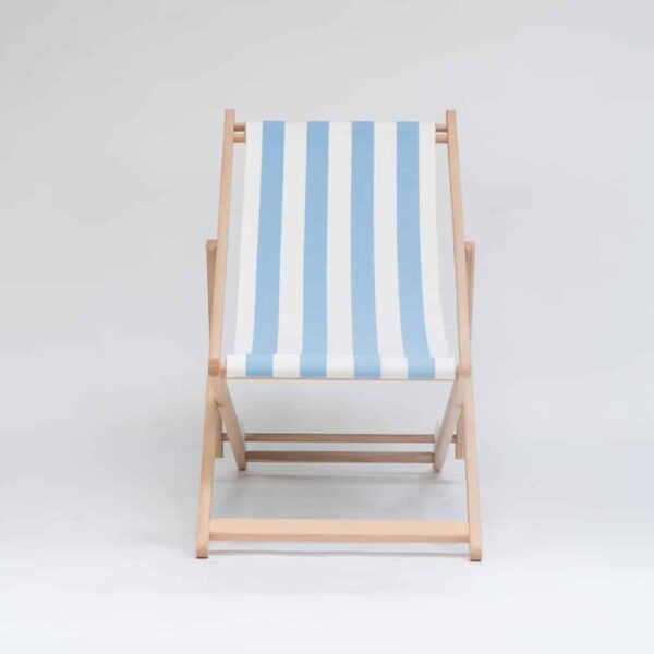 Beechwood Deckchair with Ice Dancing fabric, sky blue and white stripes, viewed from the front - created by Decks and Stipes Ireland