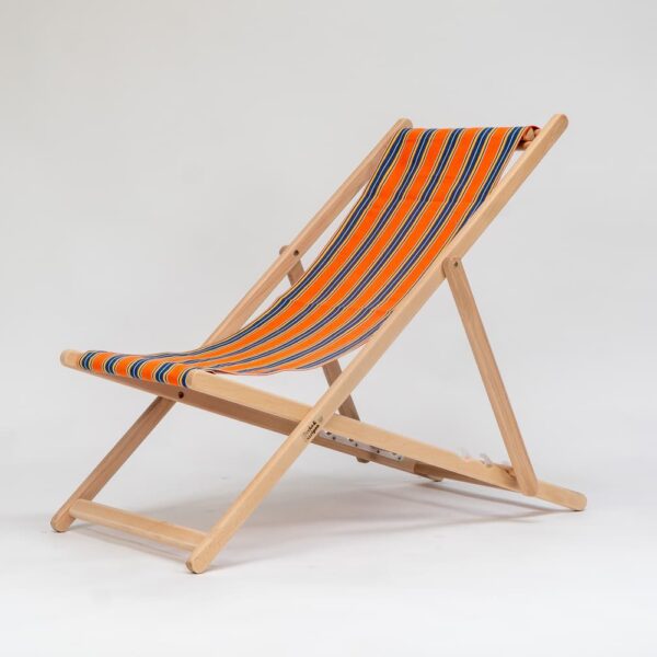 Beechwood Deckchair with Jazz fabric, rust, blue, yellow, white and black stripes, viewed from an angle - created by Decks and Stipes Ireland