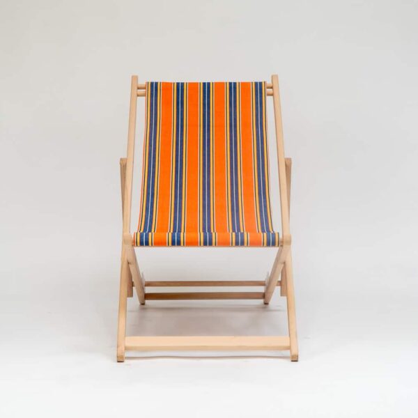 Beechwood Deckchair with Jazz fabric, rust, blue, yellow, white and black stripes, viewed from the front - created by Decks and Stipes Ireland