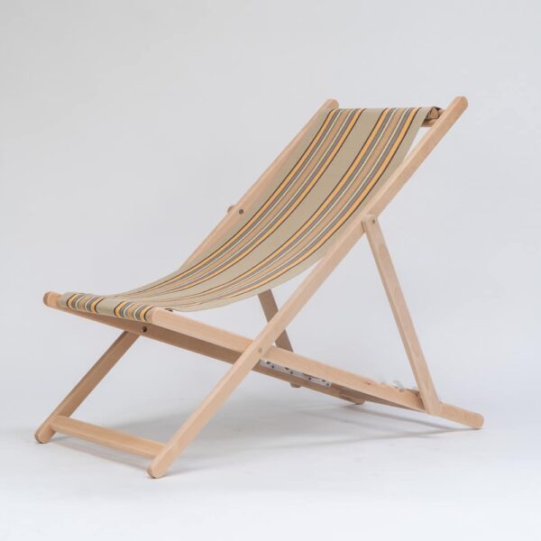 Beechwood Deckchair with Kickball fabric, khaki, coral, black and blue stripes, viewed from an angle - created by Decks and Stipes Ireland