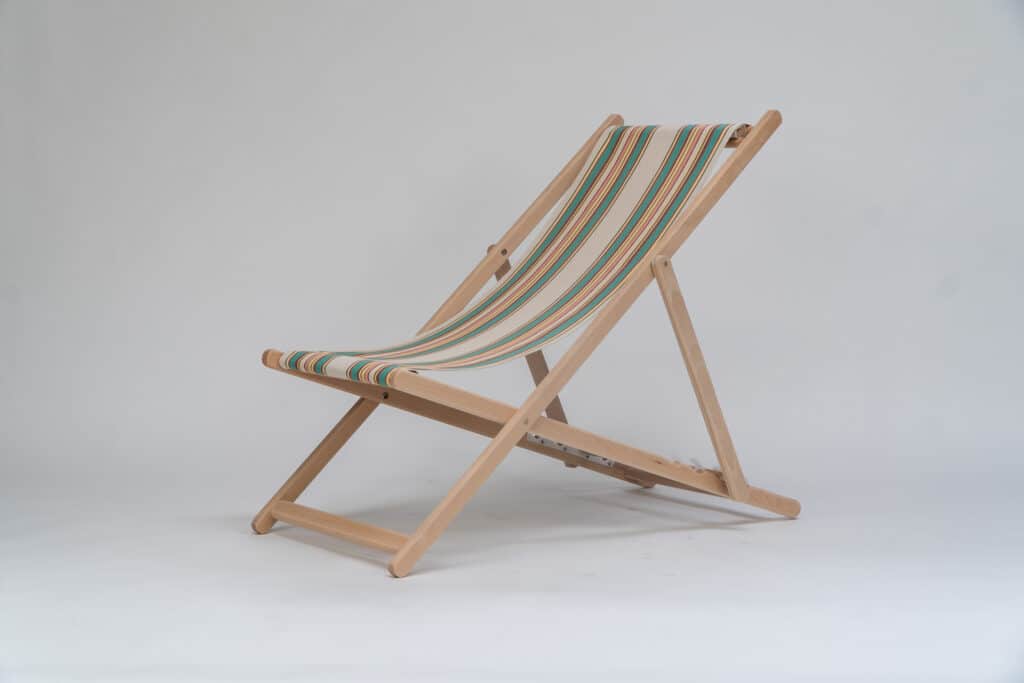 Beechwood Deckchair with Lido fabric, beige, jade, red and yellow stripes, viewed from an angle - created by Decks and Stipes Ireland