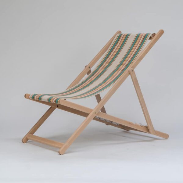 Beechwood Deckchair with Lido fabric, beige, jade, red and yellow stripes, viewed from an angle - created by Decks and Stipes Ireland