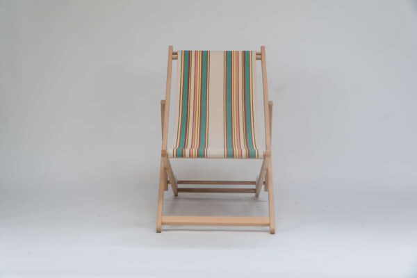 Beechwood Deckchair with Lido fabric, beige, jade, red and yellow stripes, viewed from the front - created by Decks and Stipes Ireland