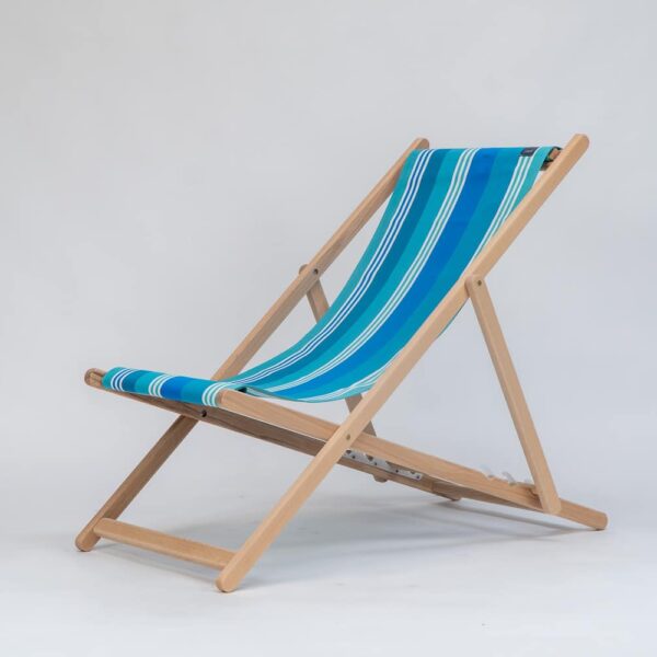 Beechwood Deckchair with Madrague fabric, turquoise, blue, green and white stripes, viewed from an angle - created by Decks and Stipes Ireland