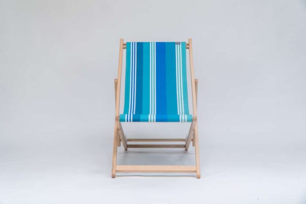 Beechwood Deckchair with Madrague fabric, turquoise, blue, green and white stripes, viewed from the front - created by Decks and Stipes Ireland