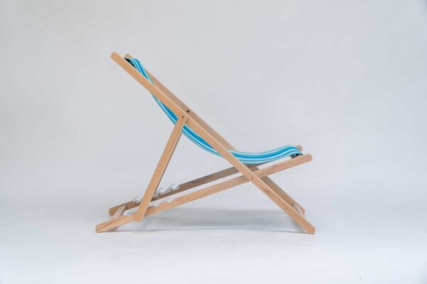 Beechwood Deckchair with Madrague fabric, turquoise, blue, green and white stripes, viewed from the side - created by Decks and Stipes Ireland