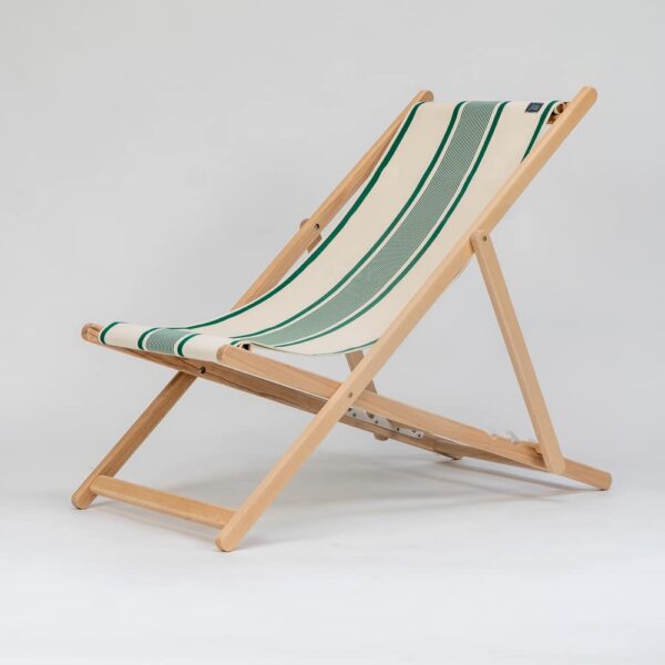 Beechwood Deckchair with Maite Vert fabric, green and cream stripes, viewed from angle - created by Decks and Stipes Ireland