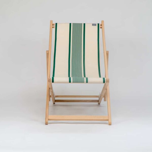 Beechwood Deckchair with Maite Vert fabric, green and cream stripes, viewed from the front - created by Decks and Stipes Ireland