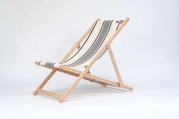 Beechwood Deckchair with Maite Encre fabric, ink and cream stripes, viewed at an angle created by Decks and Stipes Ireland