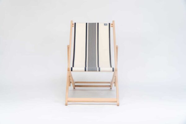 Beechwood Deckchair with Maite Encre fabric, ink and cream stripes, viewed from the front - created by Decks and Stipes Ireland