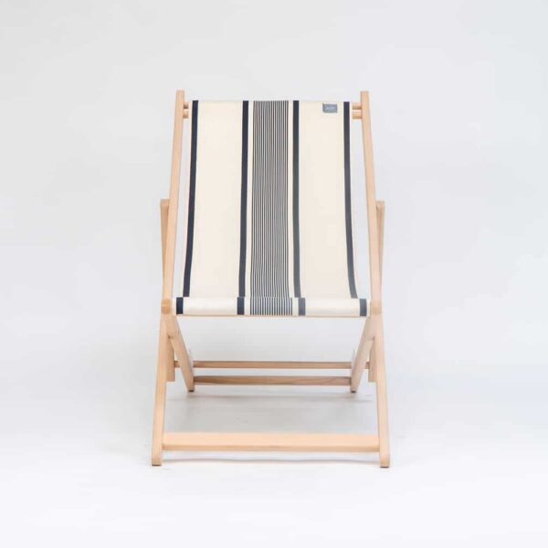 Beechwood Deckchair with Maite Encre fabric, ink and cream stripes, viewed from the front - created by Decks and Stipes Ireland