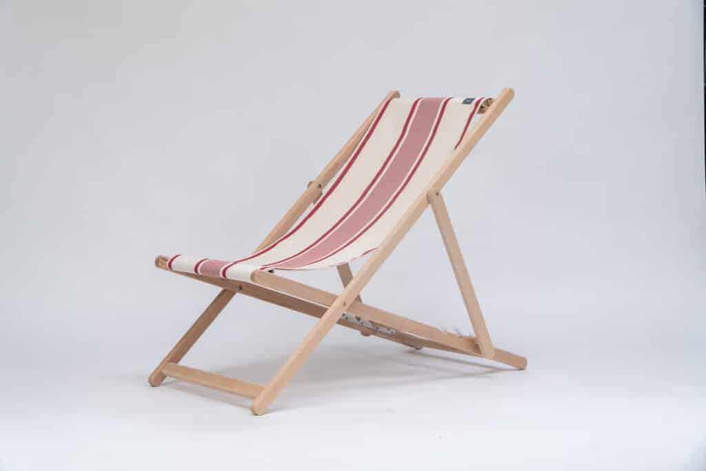 Beechwood Deckchair with Maite Rouge fabric, red and cream stripes, viewed from angle - created by Decks and Stripes Ireland