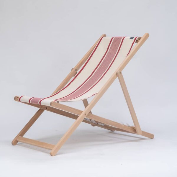 Beechwood Deckchair with Maite Rouge fabric, red and cream stripes, viewed from angle - created by Decks and Stripes Ireland