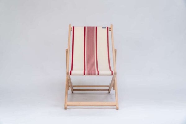 Beechwood Deckchair with Maite Rogue fabric, red and cream stripes, viewed from the front - created by Decks and Stipes Ireland