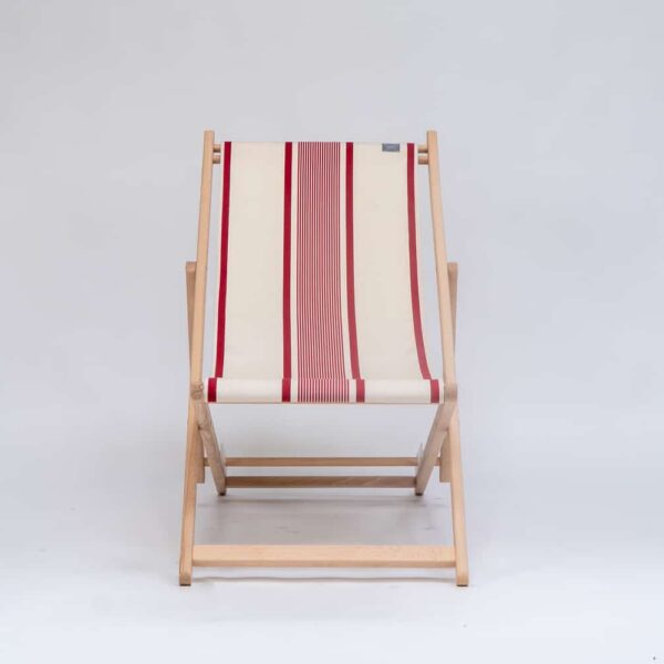 Beechwood Deckchair with Maite Rogue fabric, red and cream stripes, viewed from the front - created by Decks and Stipes Ireland