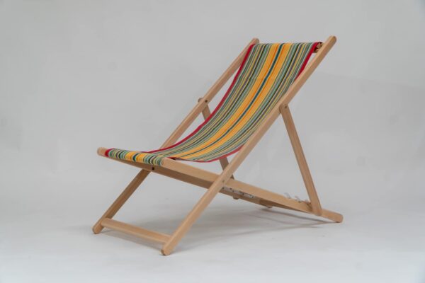 Beechwood Deckchair with Medley fabric, red, orange, green, black, yellow and blue stripes, viewed from angle - created by Decks and Stipes Ireland