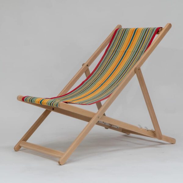 Beechwood Deckchair with Medley fabric, red, orange, green, black, yellow and blue stripes, viewed from angle - created by Decks and Stipes Ireland