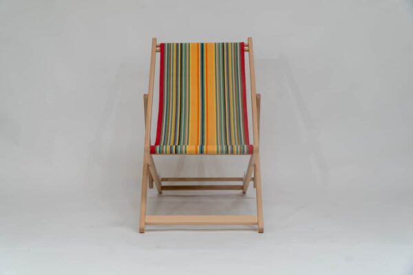 Beechwood Deckchair with Medley fabric, red, orange, green, black, yellow and blue stripes, viewed from the front - created by Decks and Stipes Ireland